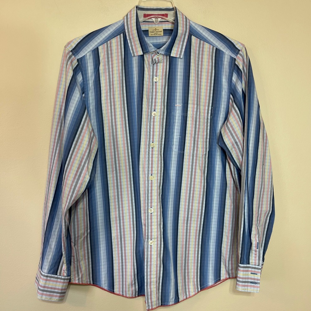 Tommy‎ Bahama Jeans Mens Large Cotton Striped Long Sleeve Button Down Shirt Blue